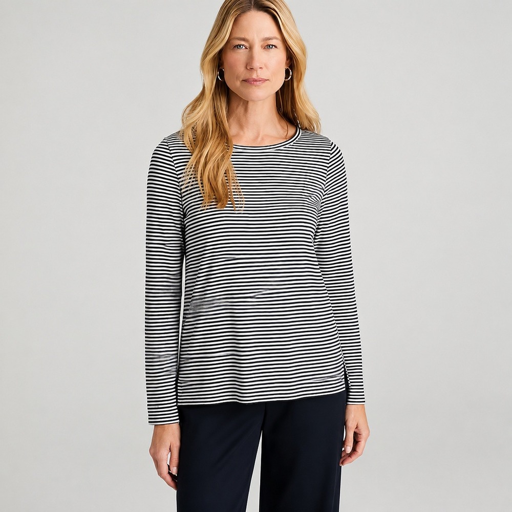 J. Jill Wearever Black White Striped Tunic Top Long Sleeve Rayon Stretch Medium